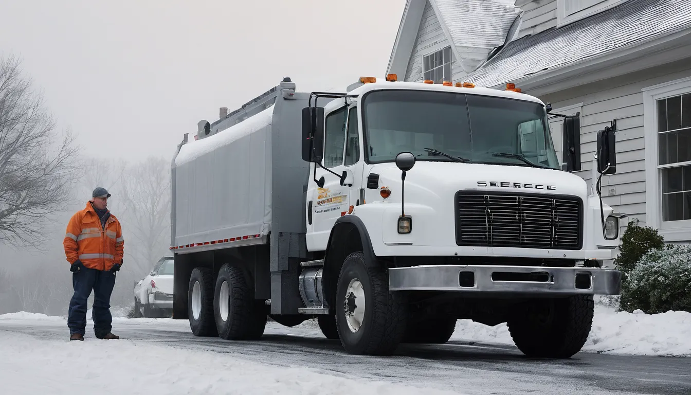 A septic service truck parked beside a snowy home in Monroeville