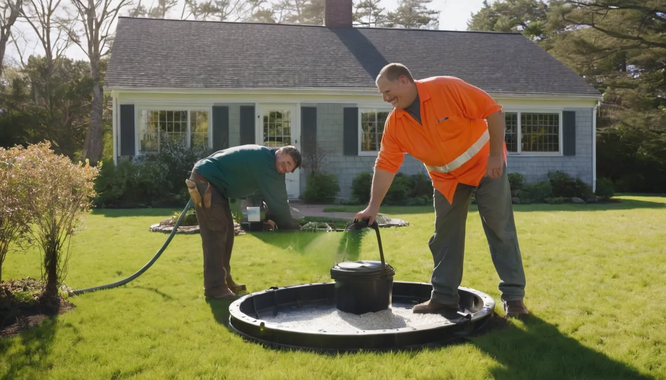A friendly provider reviewing a septic system with a homeowner in a yard near Monroeville