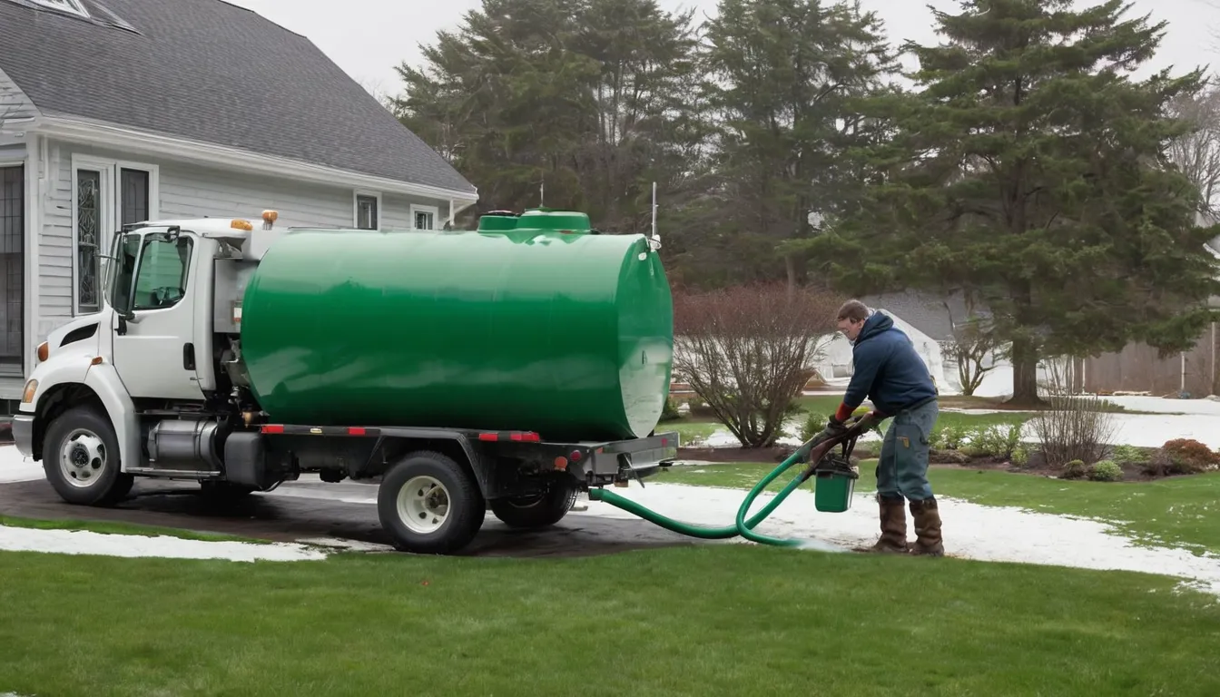 Septic pumping truck parked beside a home in the Monroeville area while a provider checks the tank lid