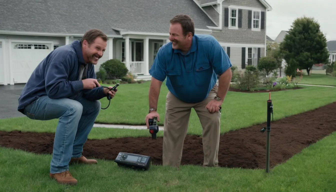 Friendly local provider showing a homeowner a camera screen next to a small excavation in a front yard in the Monroeville area